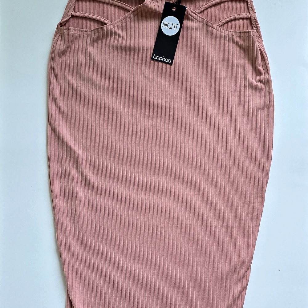 Boohoo Pink Ribbed Midi Pencil Skirt